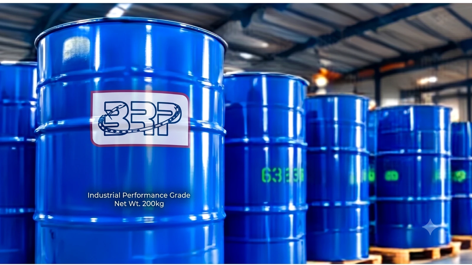 BR Petrochem branded industrial solvent drums in warehouse storage